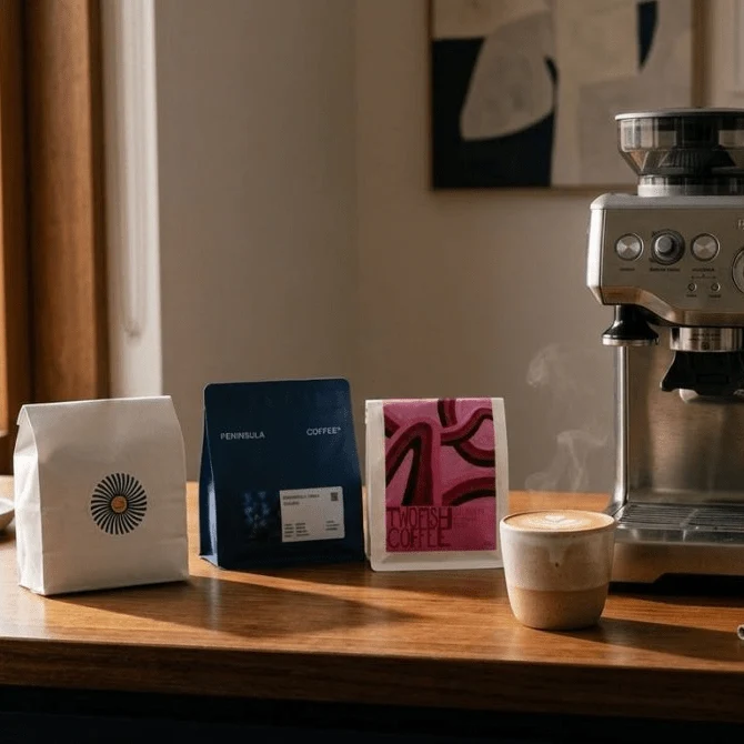 Opening an Allways Coffee delivery box with an independent Adelaide roaster bag and info sheet